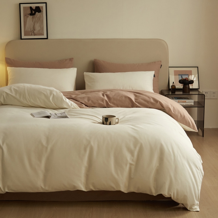 91家纺网 家纺一手货源 找家纺 涵宸家纺 2024新款全棉磨毛四件套纯厚系列（轻）-单被套 纯厚（奶白+棕）