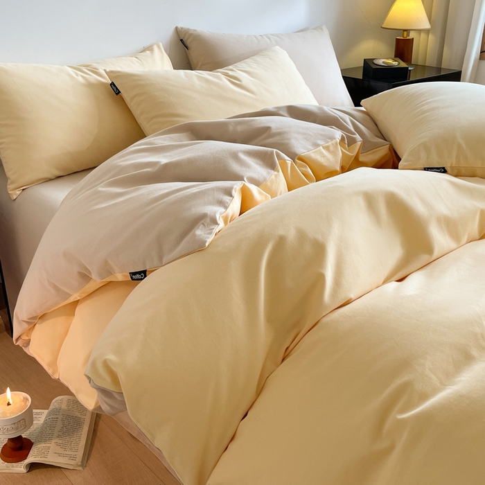 91家纺网 家纺一手货源 找家纺 涵宸家纺 2024新款全棉磨毛四件套纯厚系列（简）-四件套 纯厚（嫩黄+茶色）