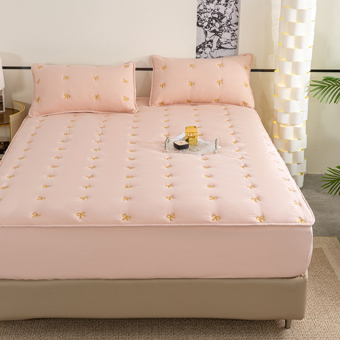 91家纺网 家纺一手货源 找家纺 米柳家纺 2024新款水洗棉大豆夹棉床笠 蝴蝶结-粉玉