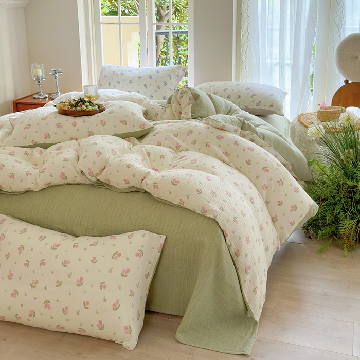 91家纺网 家纺一手货源 找家纺 木楌  2025新款全棉A类皱皱纱印花四件套 丁香-绿