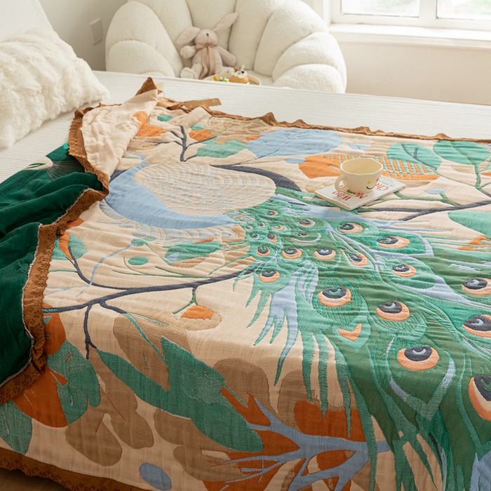 91家纺网 家纺一手货源 找家纺 乐家毛巾被 2024新款十层纱布泡芙被 花枝孔雀