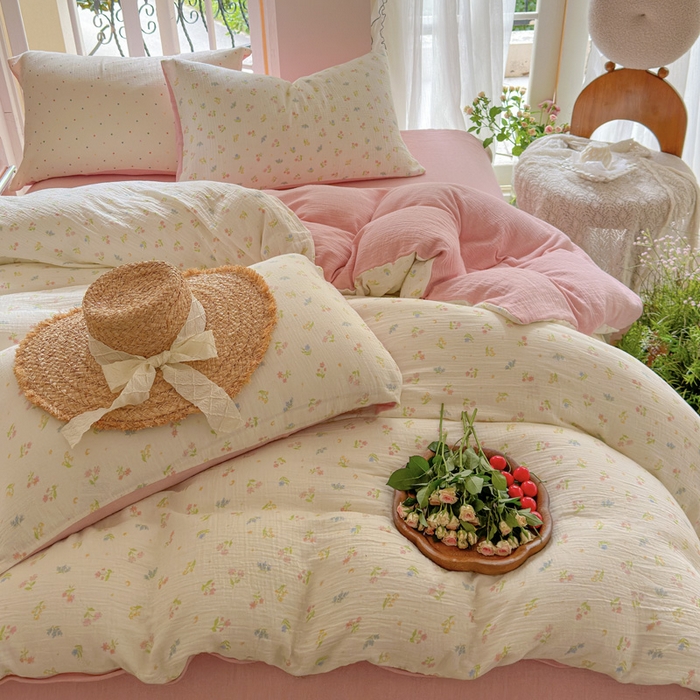 91家纺网 家纺一手货源 找家纺 木楌  2025新款全棉A类皱皱纱印花四件套 沁香