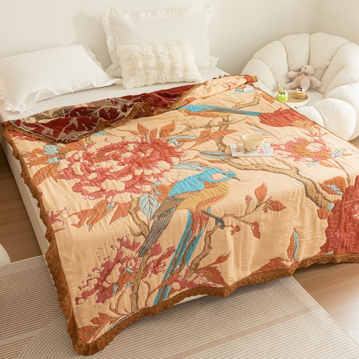 91家纺网 家纺一手货源 找家纺 乐家毛巾被 2024新款十层纱布泡芙被 牡丹杜鹃