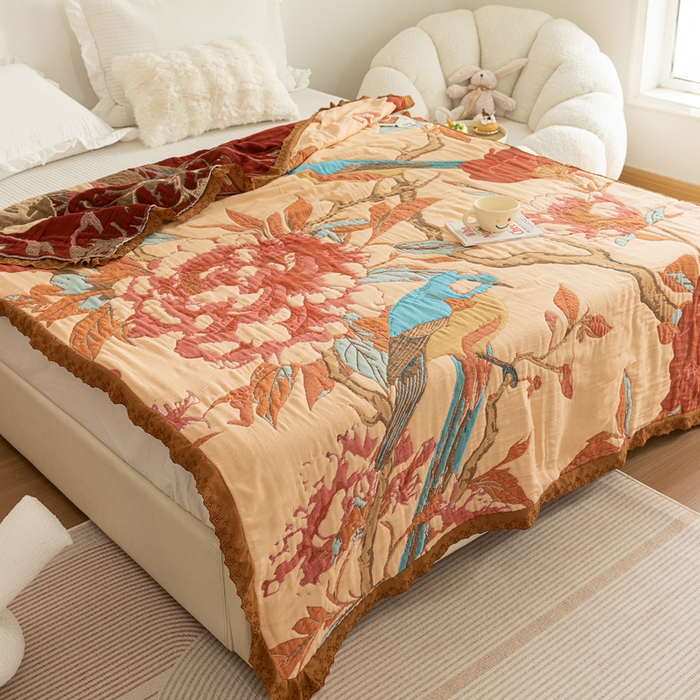 91家纺网 家纺一手货源 找家纺 乐家毛巾被 2024新款十层纱布泡芙被 牡丹杜鹃