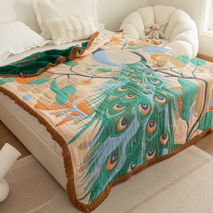 91家纺网 家纺一手货源 找家纺 乐家毛巾被 2024新款十层纱布泡芙被 花枝孔雀