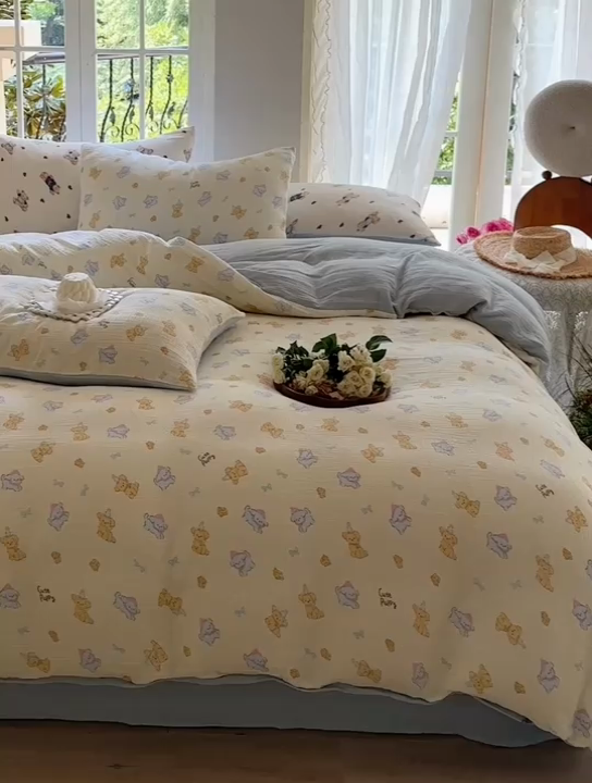 91家纺网 家纺一手货源 找家纺 木楌  2025新款全棉A类皱皱纱印花四件套 海皮狗