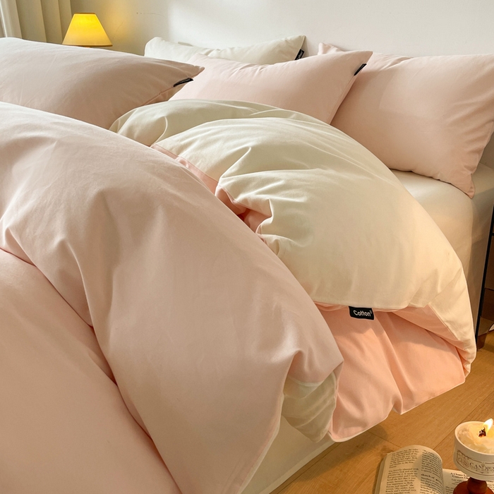 91家纺网 家纺一手货源 找家纺 涵宸家纺 2024新款全棉磨毛四件套纯厚系列（简）-四件套 纯厚（樱花粉+奶白）