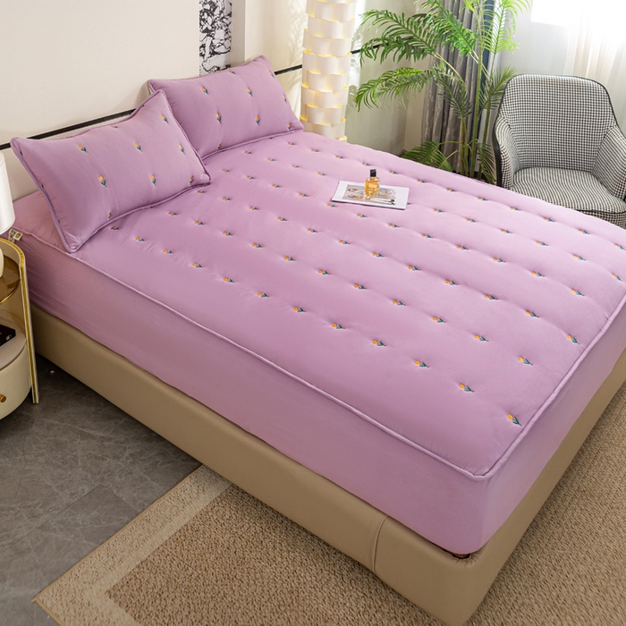 91家纺网 家纺一手货源 找家纺 米柳家纺 2024新款水洗棉大豆夹棉床笠 郁金香-黛紫