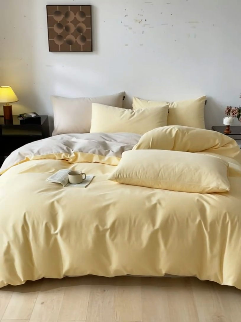 91家纺网 家纺一手货源 找家纺 涵宸家纺 2024新款全棉磨毛四件套纯厚系列（简）-四件套 纯厚（嫩黄+茶色）