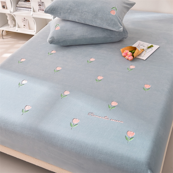 91家纺网 家纺一手货源 找家纺 笙意家纺 2025新款A类牛奶绒花卉刺绣单床笠 郁金香-海清