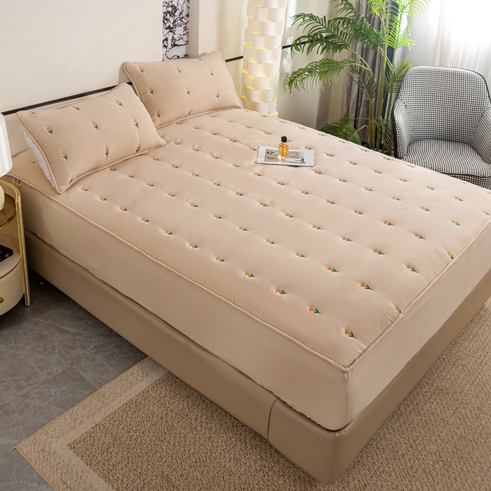 91家纺网 家纺一手货源 找家纺 米柳家纺 2024新款水洗棉大豆夹棉床笠 郁金香-浅咖