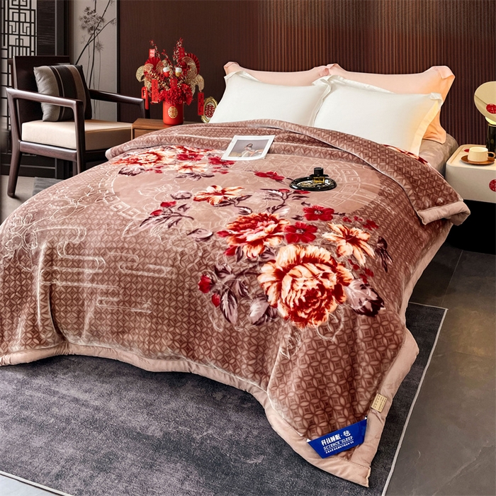 91家纺网 家纺一手货源 找家纺 凯轩毛毛毯毯子网销专供 2024新款花开盛世5D婚庆云毛毯毯子 花开盛世-驼色