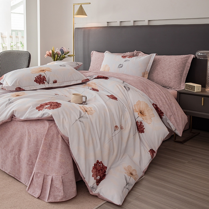 91家纺网 家纺一手货源 找家纺 新月家纺（锦威郎） 2024新款全棉加厚长绒棉数码印花四件套系列 丁香玉兰-米