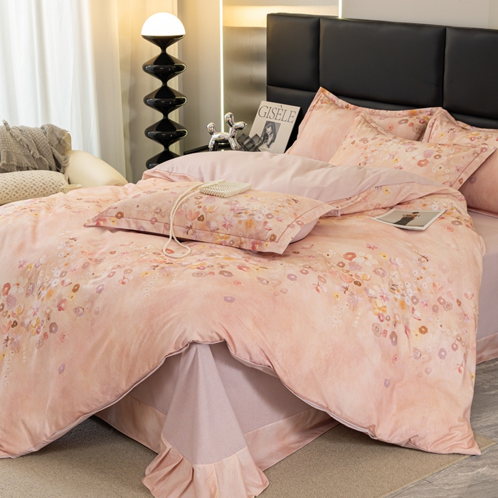 91家纺网 家纺一手货源 找家纺 新月家纺（锦威郎） 2024新款全棉加厚长绒棉数码印花四件套系列 花语寄情-粉