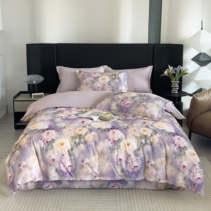 91家纺网 家纺一手货源 找家纺 新月家纺（锦威郎） 2024新款全棉加厚长绒棉数码印花四件套系列 寻觅芳香-紫