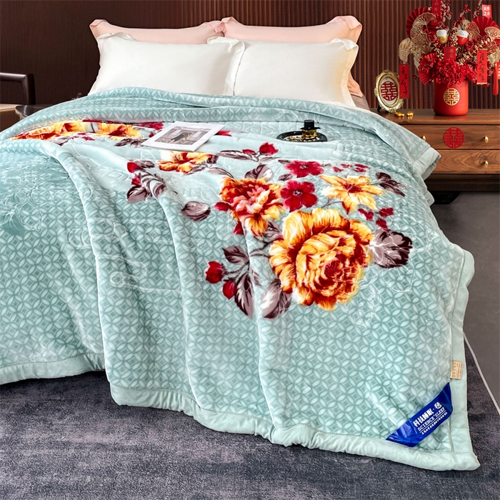 91家纺网 家纺一手货源 找家纺 凯轩毛毛毯毯子网销专供 2024新款花开盛世5D婚庆云毛毯毯子 花开盛世-浅绿