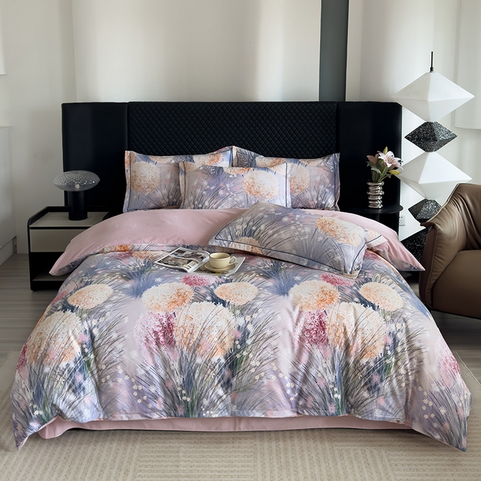 91家纺网 家纺一手货源 找家纺 新月家纺（锦威郎） 2024新款全棉加厚长绒棉数码印花四件套系列 绣球朵朵-蓝