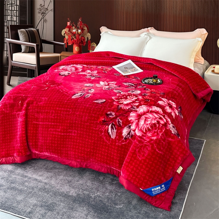 91家纺网 家纺一手货源 找家纺 凯轩毛毛毯毯子网销专供 2024新款花开盛世5D婚庆云毛毯毯子 花开盛世-大红