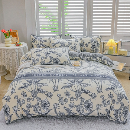 奥虎家纺2024新款加厚牛奶绒印花四件套花枝俏丽