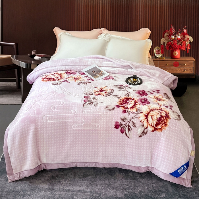 91家纺网 家纺一手货源 找家纺 凯轩毛毛毯毯子网销专供 2024新款花开盛世5D婚庆云毛毯毯子 花开盛世-浅紫