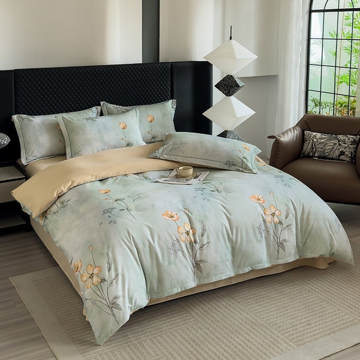 91家纺网 家纺一手货源 找家纺 新月家纺（锦威郎） 2024新款全棉加厚长绒棉数码印花四件套系列 奥莉花园-绿