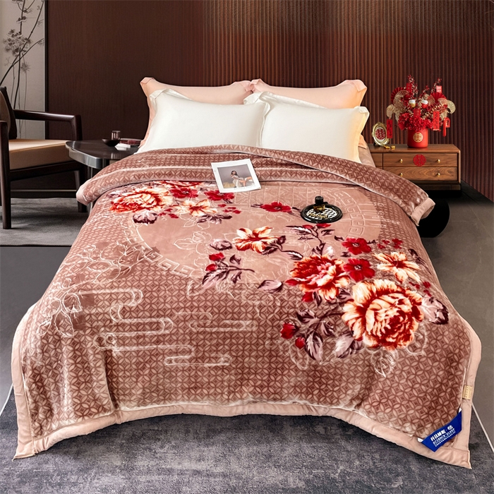 91家纺网 家纺一手货源 找家纺 凯轩毛毛毯毯子网销专供 2024新款花开盛世5D婚庆云毛毯毯子 花开盛世-驼色