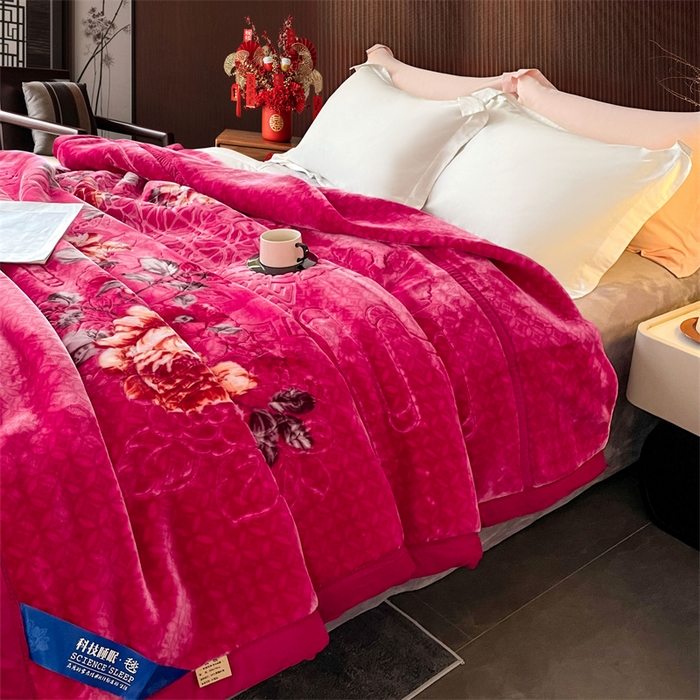 91家纺网 家纺一手货源 找家纺 凯轩毛毛毯毯子网销专供 2024新款花开盛世5D婚庆云毛毯毯子 花开盛世-玫红