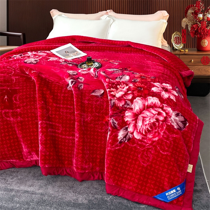 91家纺网 家纺一手货源 找家纺 凯轩毛毛毯毯子网销专供 2024新款花开盛世5D婚庆云毛毯毯子 花开盛世-大红