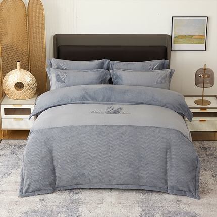 新月家纺（锦威郎） 2024新款高克重牛奶绒全消光绗缝床盖床单四件套 爵士灰