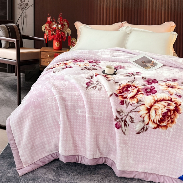 91家纺网 家纺一手货源 找家纺 凯轩毛毛毯毯子网销专供 2024新款花开盛世5D婚庆云毛毯毯子 花开盛世-浅紫