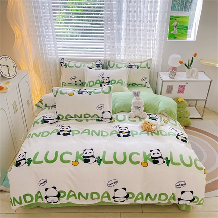 奥虎家纺2024新款加厚牛奶绒印花四件套子母熊猫