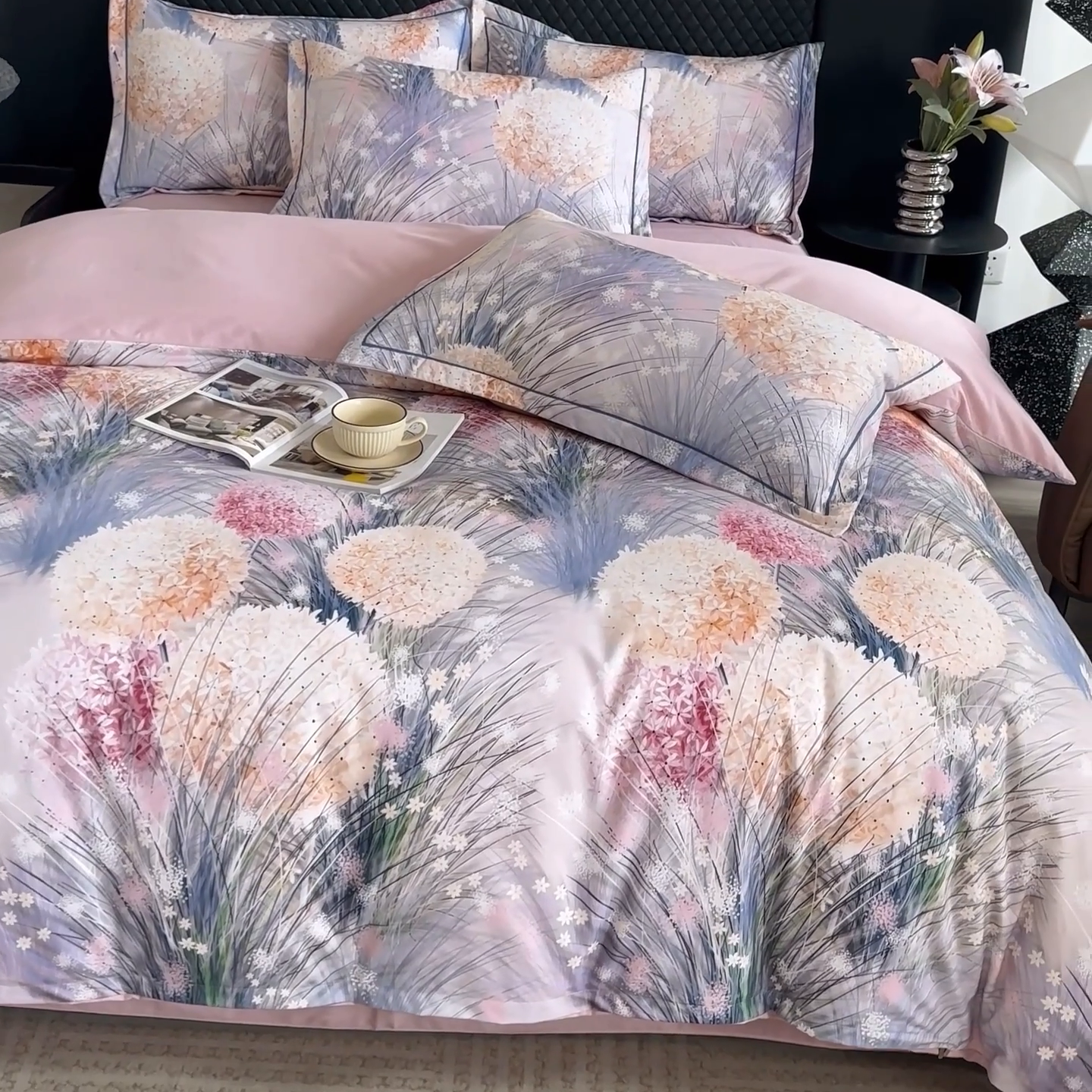 91家纺网 家纺一手货源 找家纺 新月家纺（锦威郎） 2024新款全棉加厚长绒棉数码印花四件套系列 绣球朵朵-蓝