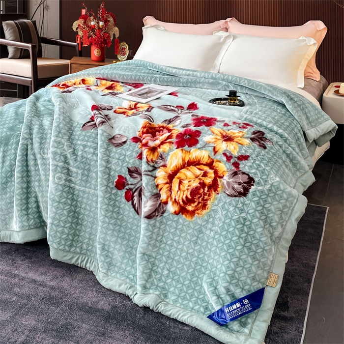 91家纺网 家纺一手货源 找家纺 凯轩毛毛毯毯子网销专供 2024新款花开盛世5D婚庆云毛毯毯子 花开盛世-浅绿