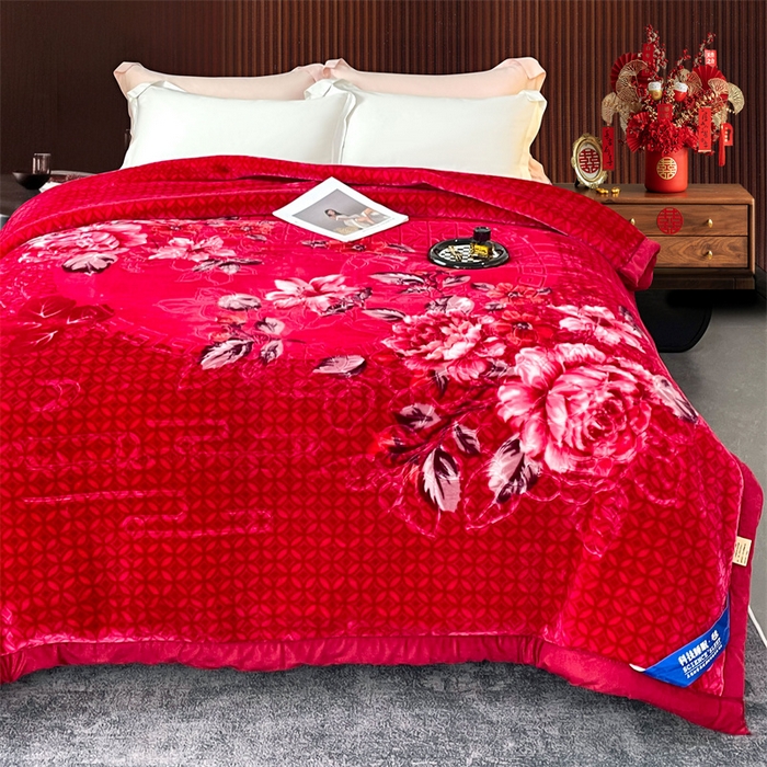 91家纺网 家纺一手货源 找家纺 凯轩毛毛毯毯子网销专供 2024新款花开盛世5D婚庆云毛毯毯子 花开盛世-大红