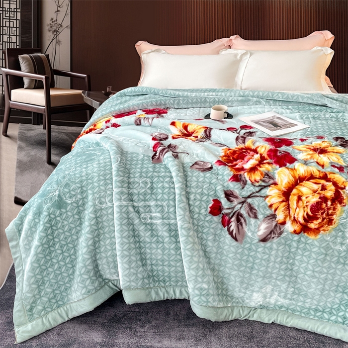 91家纺网 家纺一手货源 找家纺 凯轩毛毛毯毯子网销专供 2024新款花开盛世5D婚庆云毛毯毯子 花开盛世-浅绿