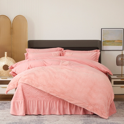 新月家纺（锦威郎） 2024新款高克重牛奶绒全消光绗缝床盖床单四件套 胭脂粉