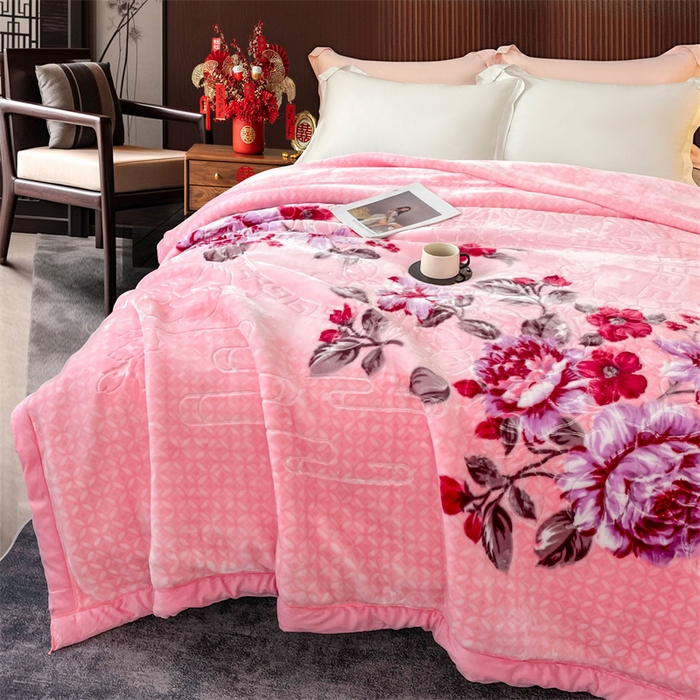 91家纺网 家纺一手货源 找家纺 凯轩毛毛毯毯子网销专供 2024新款花开盛世5D婚庆云毛毯毯子 花开盛世-粉色