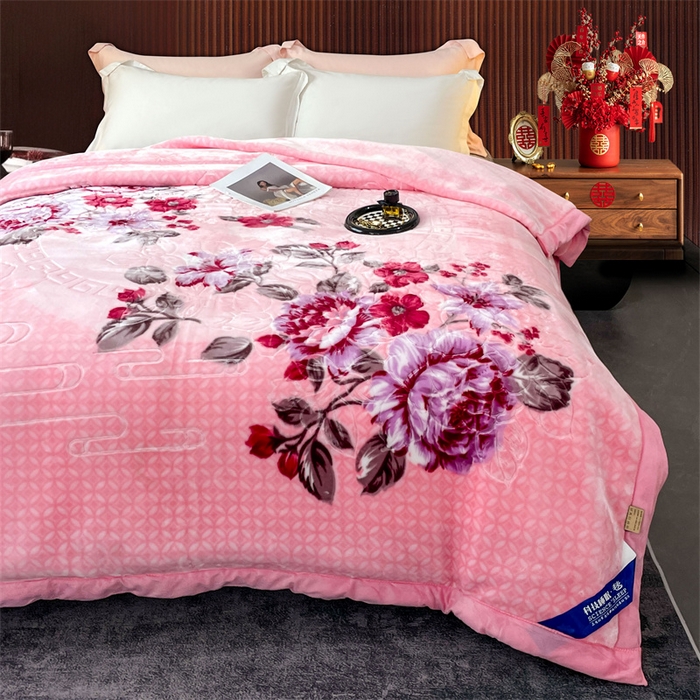 91家纺网 家纺一手货源 找家纺 凯轩毛毛毯毯子网销专供 2024新款花开盛世5D婚庆云毛毯毯子 花开盛世-粉色