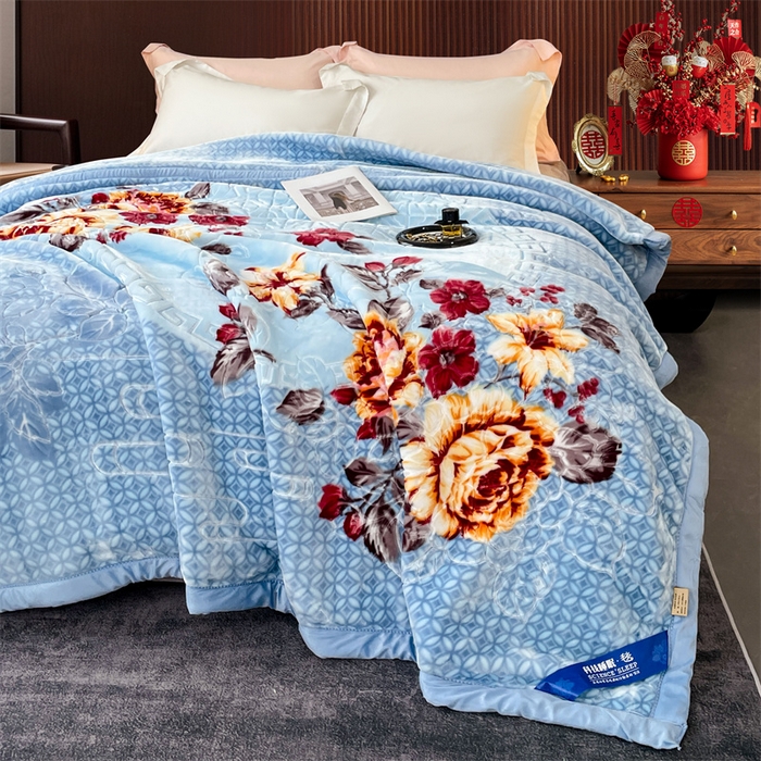 91家纺网 家纺一手货源 找家纺 凯轩毛毛毯毯子网销专供 2024新款花开盛世5D婚庆云毛毯毯子 花开盛世-浅蓝