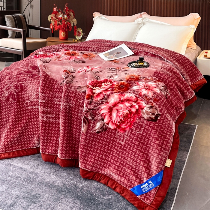 91家纺网 家纺一手货源 找家纺 凯轩毛毛毯毯子网销专供 2024新款花开盛世5D婚庆云毛毯毯子 花开盛世-酒红