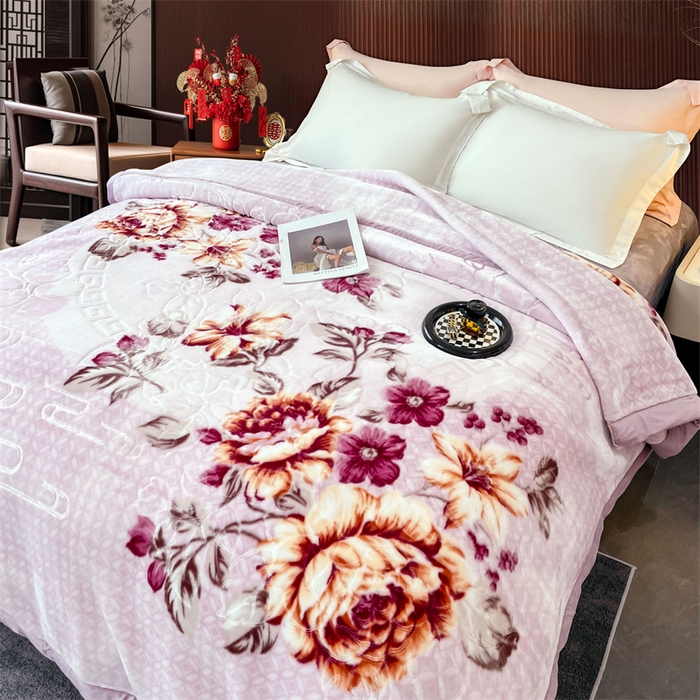 91家纺网 家纺一手货源 找家纺 凯轩毛毛毯毯子网销专供 2024新款花开盛世5D婚庆云毛毯毯子 花开盛世-浅紫