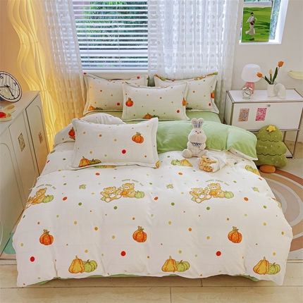 奥虎家纺2024新款加厚牛奶绒印花四件套小南瓜