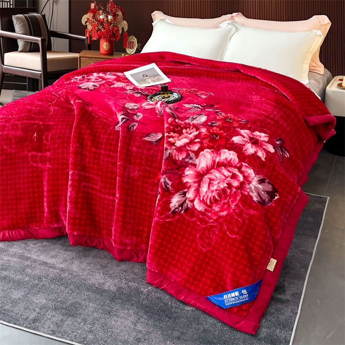 91家纺网 家纺一手货源 找家纺 凯轩毛毛毯毯子网销专供 2024新款花开盛世5D婚庆云毛毯毯子 花开盛世-大红