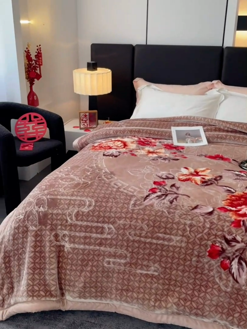 91家纺网 家纺一手货源 找家纺 凯轩毛毛毯毯子网销专供 2024新款花开盛世5D婚庆云毛毯毯子 花开盛世-驼色