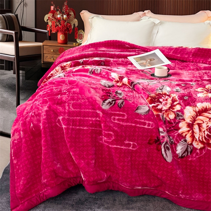 91家纺网 家纺一手货源 找家纺 凯轩毛毛毯毯子网销专供 2024新款花开盛世5D婚庆云毛毯毯子 花开盛世-玫红