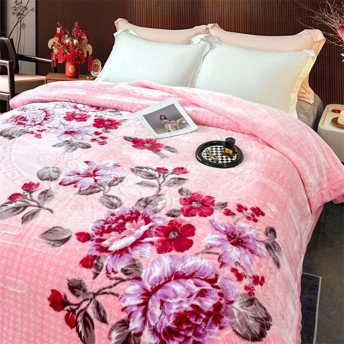 91家纺网 家纺一手货源 找家纺 凯轩毛毛毯毯子网销专供 2024新款花开盛世5D婚庆云毛毯毯子 花开盛世-粉色