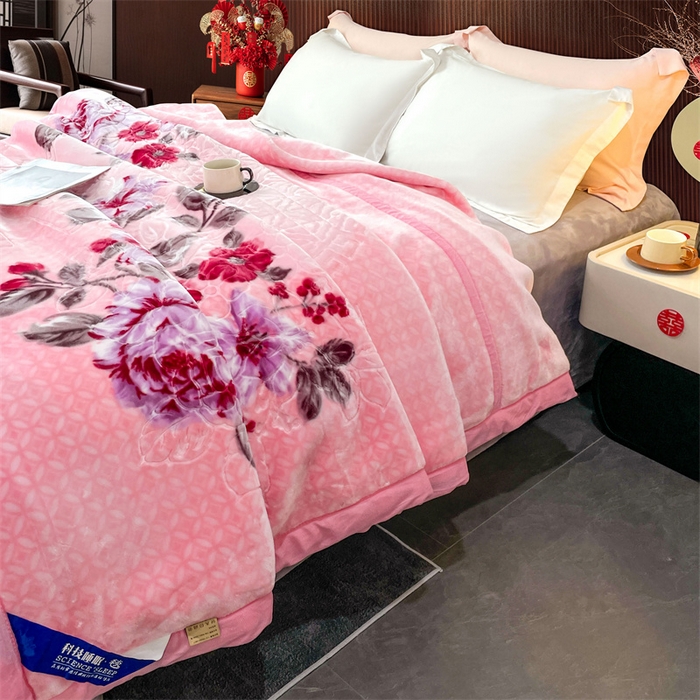 91家纺网 家纺一手货源 找家纺 凯轩毛毛毯毯子网销专供 2024新款花开盛世5D婚庆云毛毯毯子 花开盛世-粉色