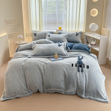 新月家纺（锦威郎） 2024新款纯色保暖萌萌兔床盖四件套 萌兔蓝色