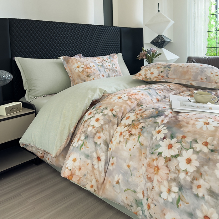 91家纺网 家纺一手货源 找家纺 新月家纺（锦威郎） 2024新款全棉加厚长绒棉数码印花四件套系列 恋薇时节-粉