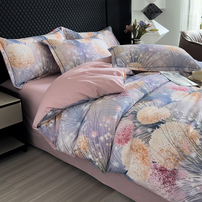 91家纺网 家纺一手货源 找家纺 新月家纺（锦威郎） 2024新款全棉加厚长绒棉数码印花四件套系列 绣球朵朵-蓝